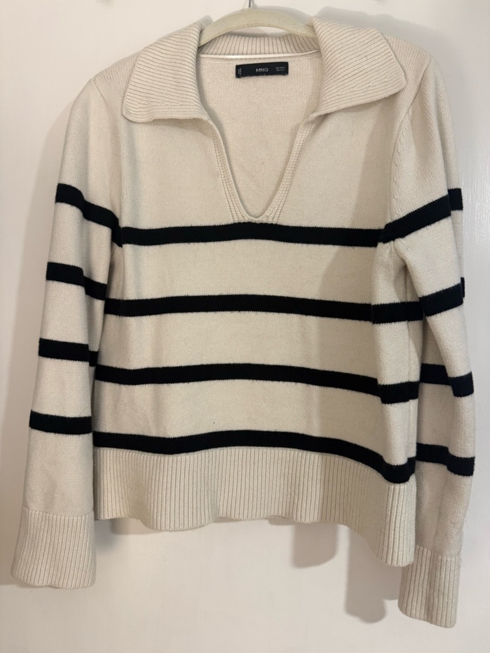 Mango Cream V-Neck Sweater with Black Stripes